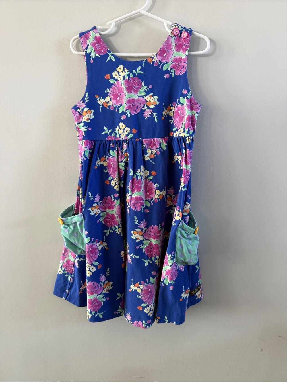 Matilda Jane Navy Blue Dress with Pink Floral Print and Green Pockets